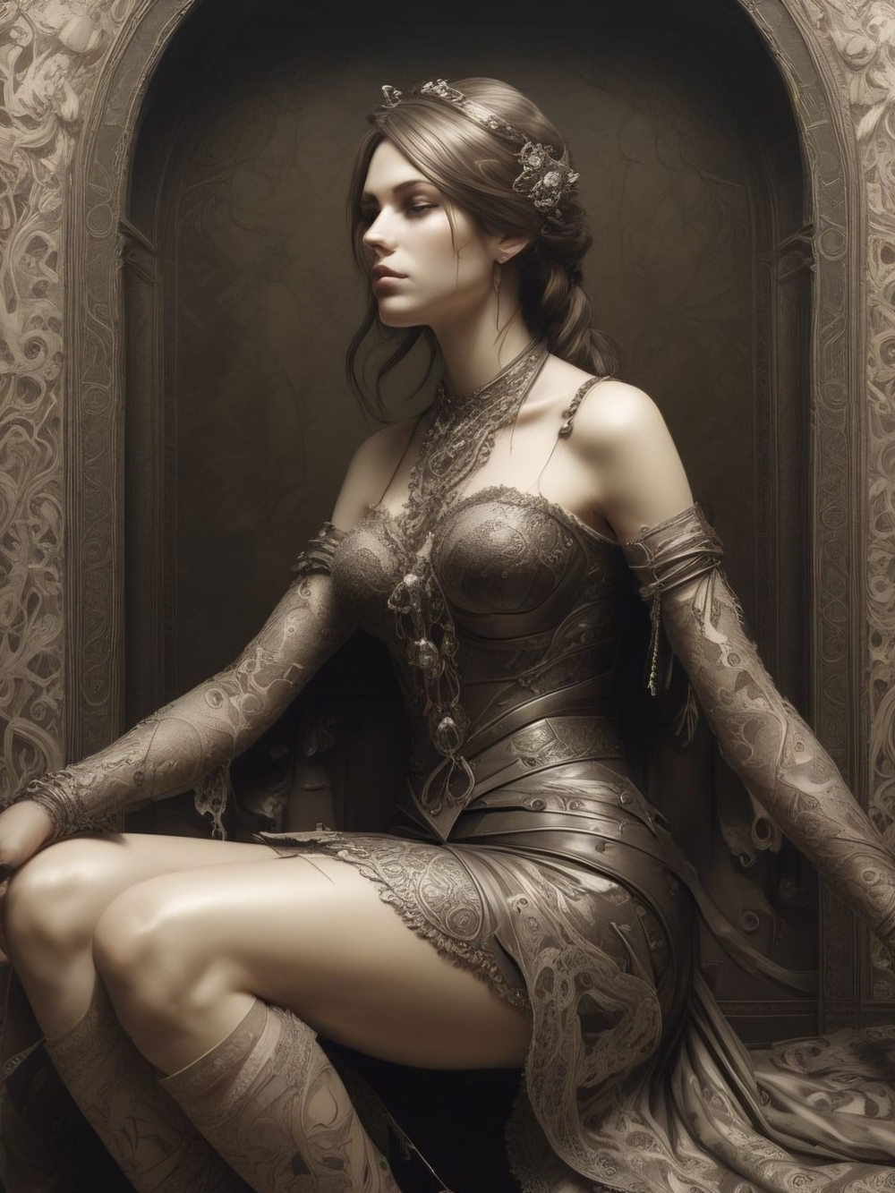 Sepia Elegance Art Print - Ornate Female Portrait (Brown & Cream)